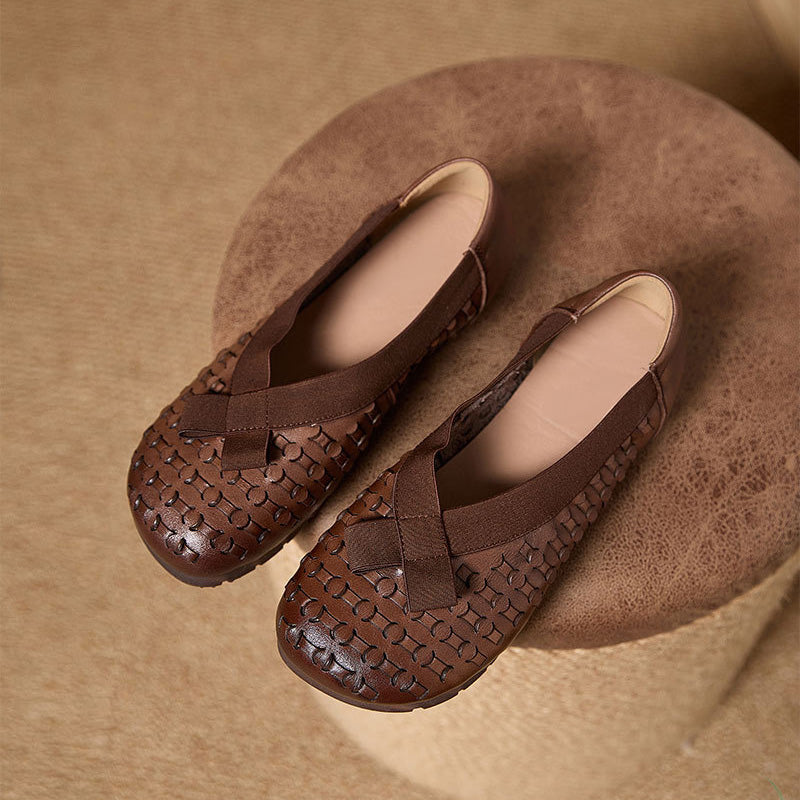 Mocassins à enfiler perforés rétro Mori Girl pour femmes en beige/café/jaune