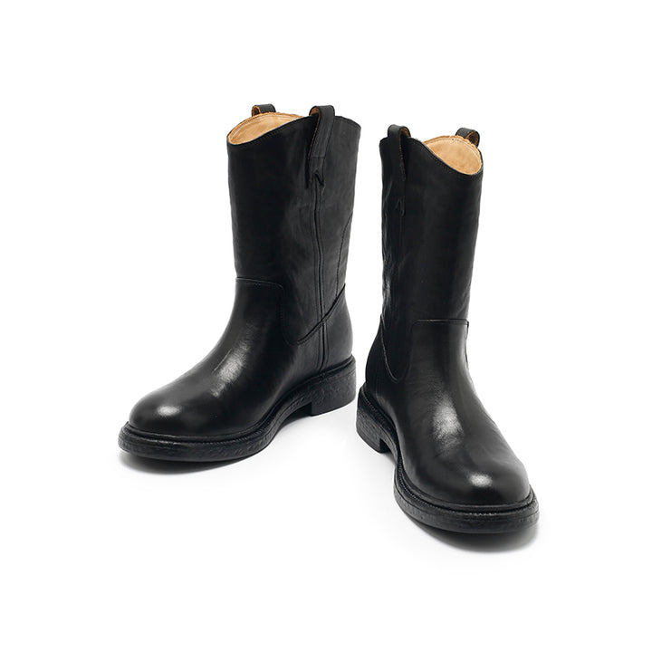 Dwarves Leather Pull-On Western Mid-Calf Boots Cowboy Boots in Reddish Brown/Black/Yellow