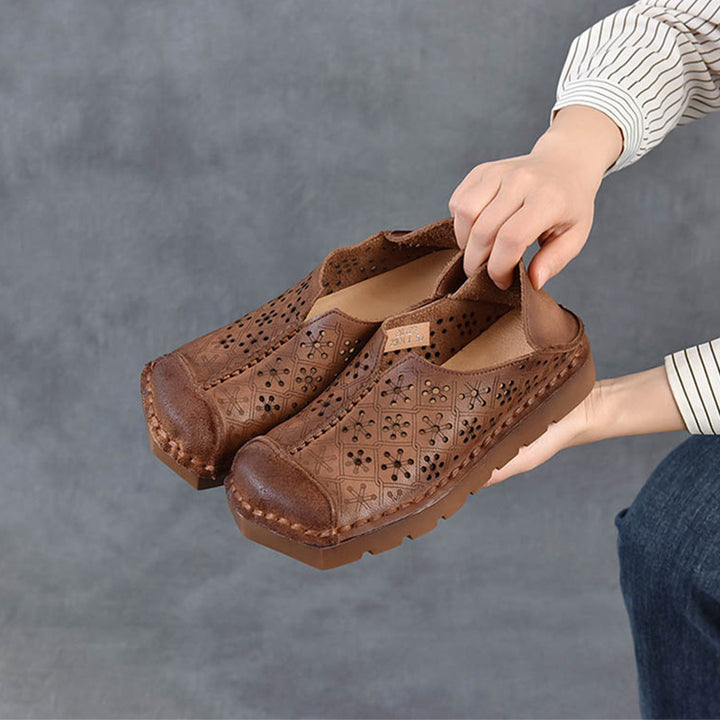 Mocassins en Cuir Artisanaux pour Femmes Chaussures de Fille Mori à Bout Rond Chaussures Plates Rétro Abricot/Café