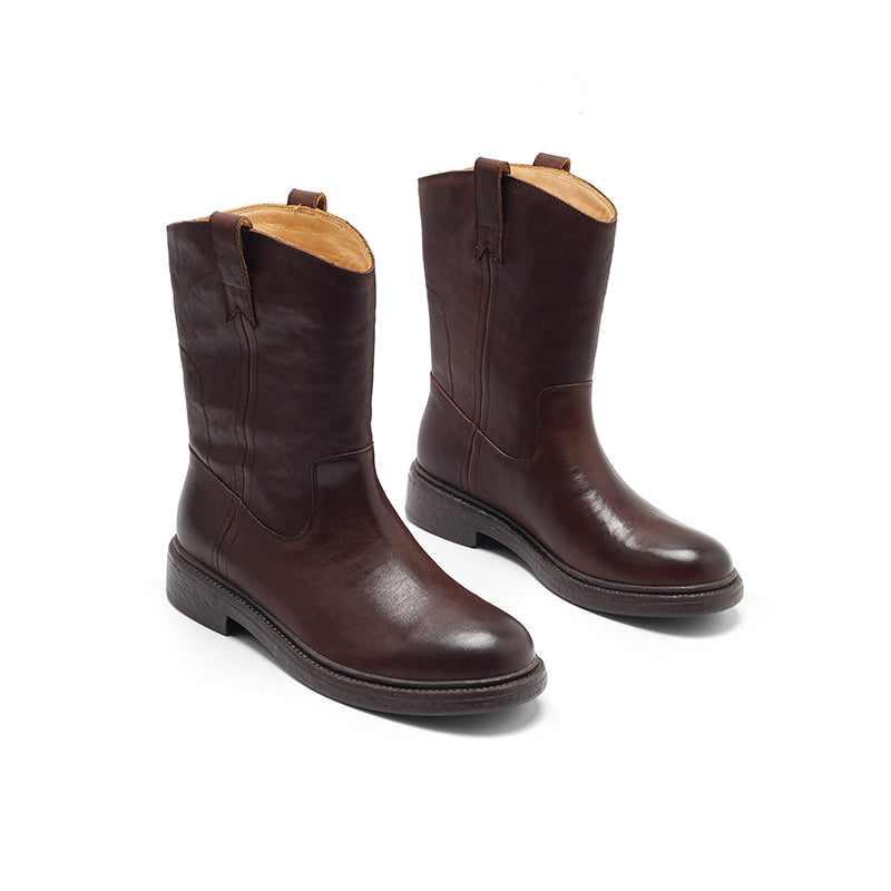Dwarves Leather Pull-On Western Mid-Calf Boots Cowboy Boots in Reddish Brown/Black/Yellow