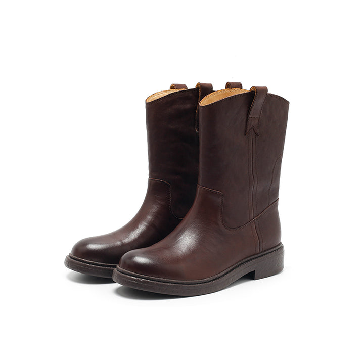 Dwarves Leather Pull-On Western Mid-Calf Boots Cowboy Boots in Reddish Brown/Black/Yellow