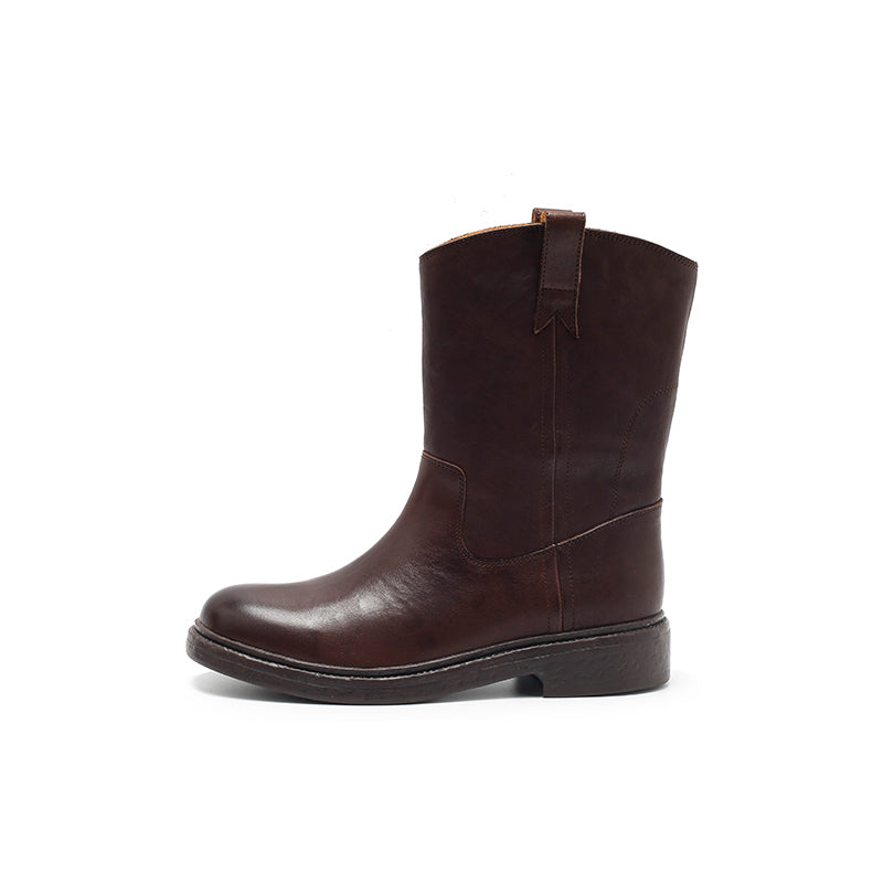 Dwarves Leather Pull-On Western Mid-Calf Boots Cowboy Boots in Reddish Brown/Black/Yellow