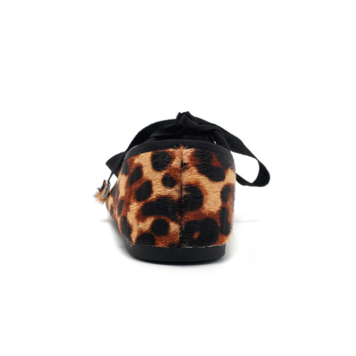 Ballerines en cuir avec imprimé léopard faites à la main avec lien en ruban en noir