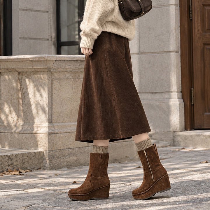 Handmade Nubuck Leather Wedge Mid-Calf Boots Wide Fit Platform Chelsea Boots in Coffee