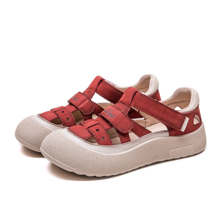 Sandales romaines en cuir de vache à plateforme avec découpes et Velcro en couleur beige/jaune/taro