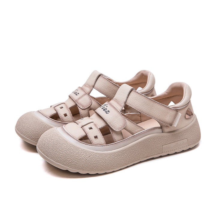 Sandales romaines en cuir de vache à plateforme avec découpes et Velcro en couleur beige/jaune/taro