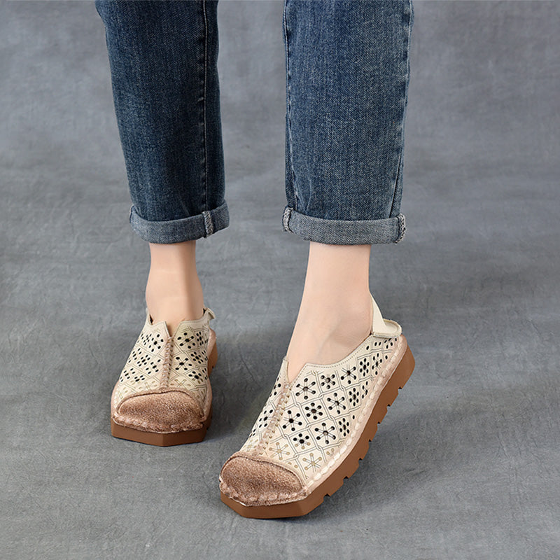 Mocassins en Cuir Artisanaux pour Femmes Chaussures de Fille Mori à Bout Rond Chaussures Plates Rétro Abricot/Café