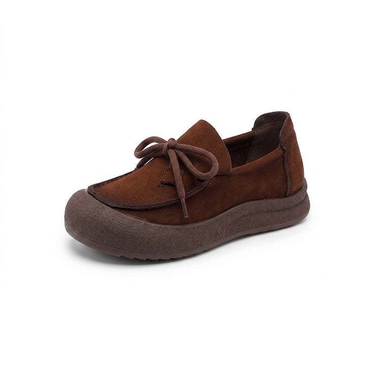 Soft Leather Bow Platform Slip-On Casual Loafers for Women in Yellow/Beige/Brown