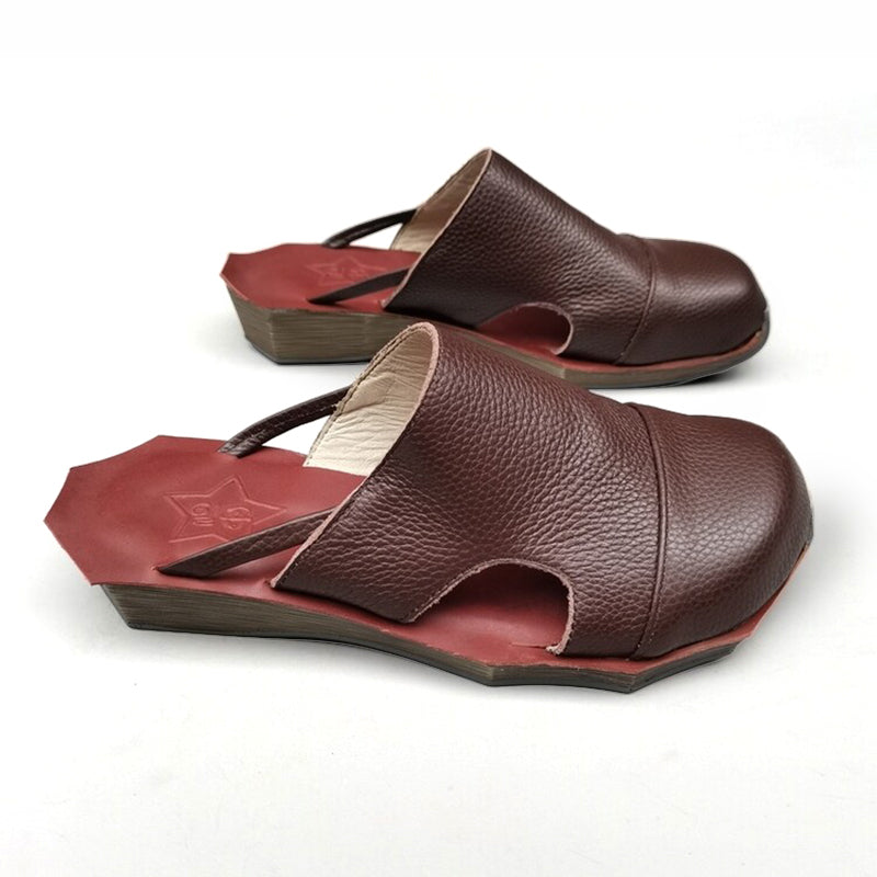 Cowhide Leather Sandals Wave Edge Sole Split Toe Slippers