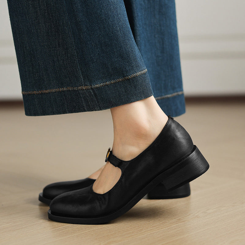 Pompes en cuir rétro faites à la main, chaussures Mary Jane décontractées en noir/marron foncé