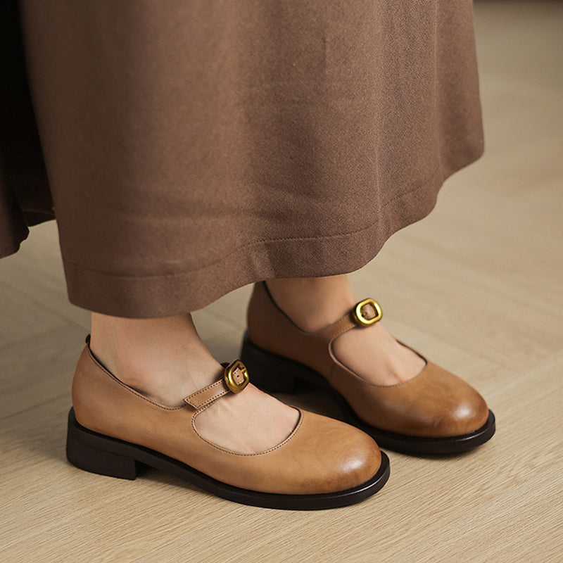 Pompes en cuir rétro faites à la main, chaussures Mary Jane décontractées en noir/marron foncé