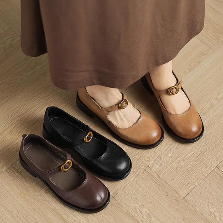 Pompes en cuir rétro faites à la main, chaussures Mary Jane décontractées en noir/marron foncé
