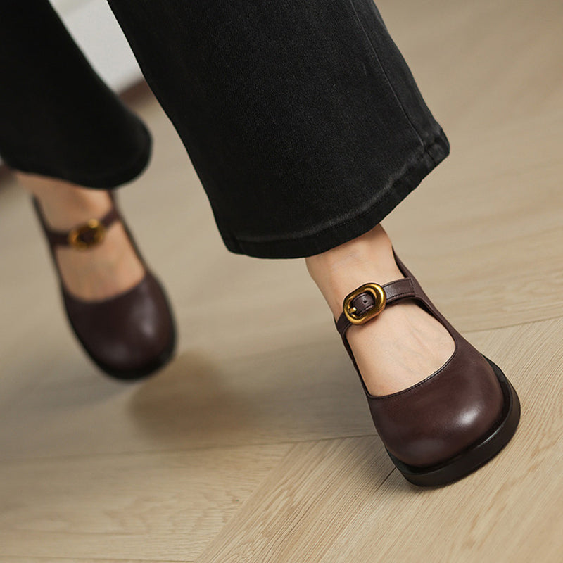 Pompes en cuir rétro faites à la main, chaussures Mary Jane décontractées en noir/marron foncé