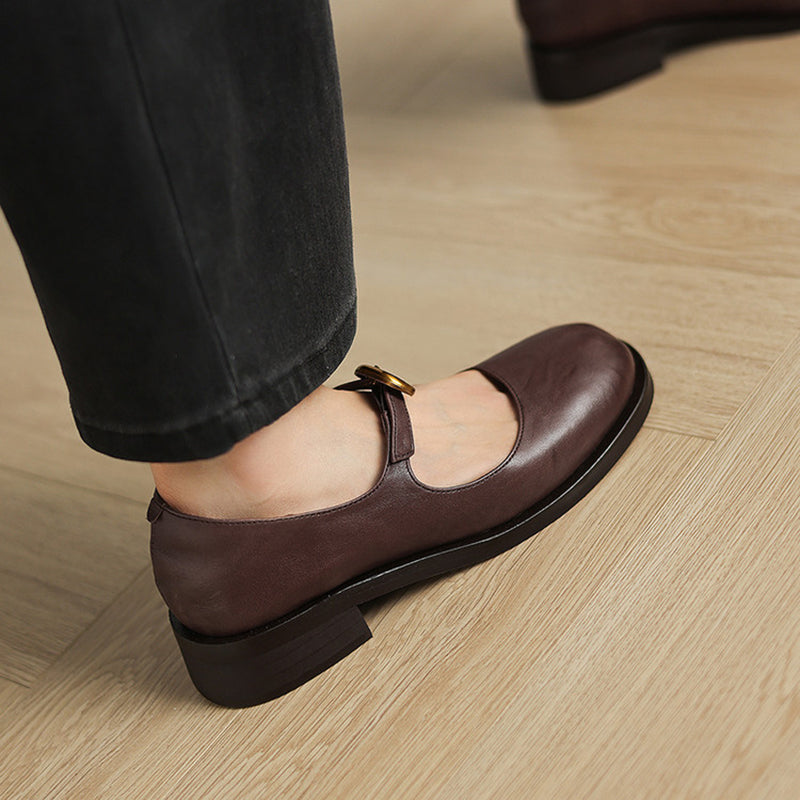 Pompes en cuir rétro faites à la main, chaussures Mary Jane décontractées en noir/marron foncé