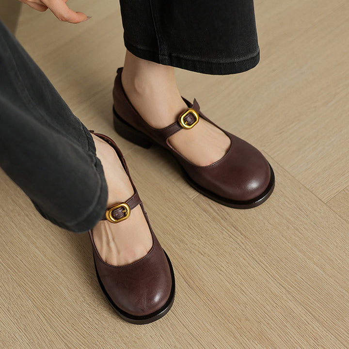 Pompes en cuir rétro faites à la main, chaussures Mary Jane décontractées en noir/marron foncé