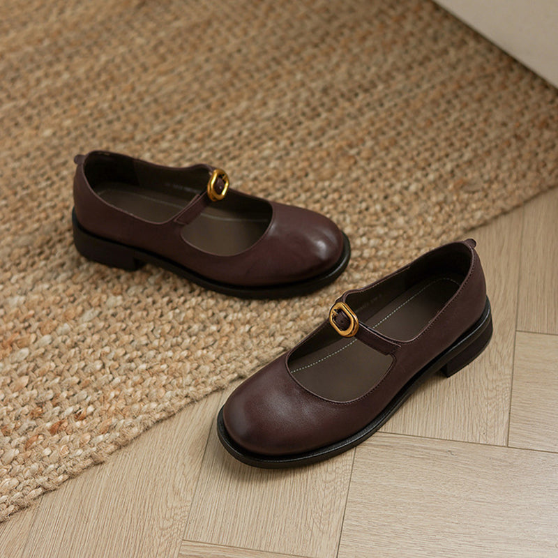 Pompes en cuir rétro faites à la main, chaussures Mary Jane décontractées en noir/marron foncé