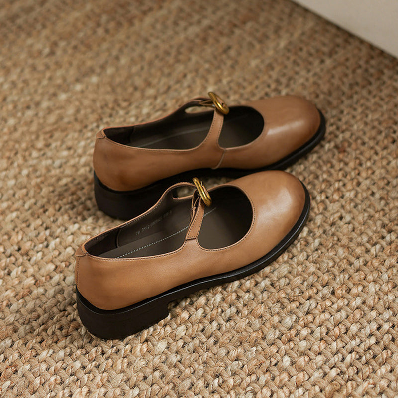 Pompes en cuir rétro faites à la main, chaussures Mary Jane décontractées en noir/marron foncé