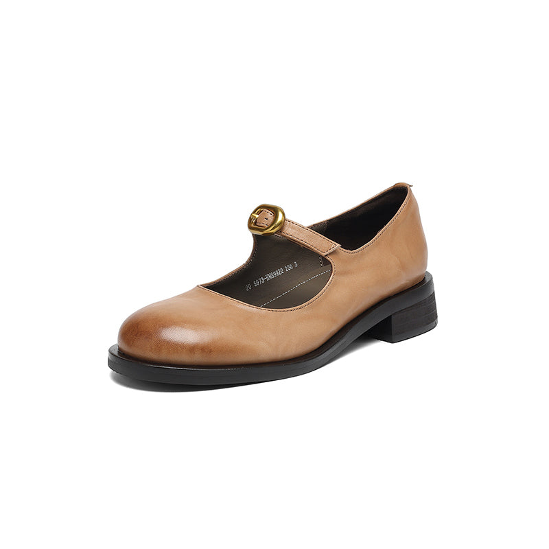 Pompes en cuir rétro faites à la main, chaussures Mary Jane décontractées en noir/marron foncé