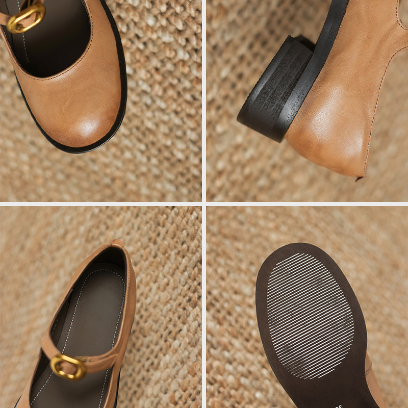 Pompes en cuir rétro faites à la main, chaussures Mary Jane décontractées en noir/marron foncé