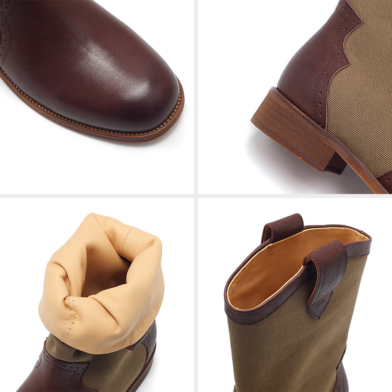 Dwarves Handmade Brogue Leather Two-Tone Mid-Calf Western Cowboy Boots in 4 Colors