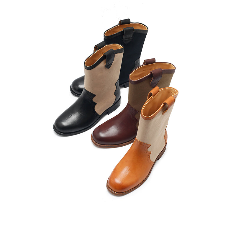 Dwarves Handmade Brogue Leather Two-Tone Mid-Calf Western Cowboy Boots in 4 Colors