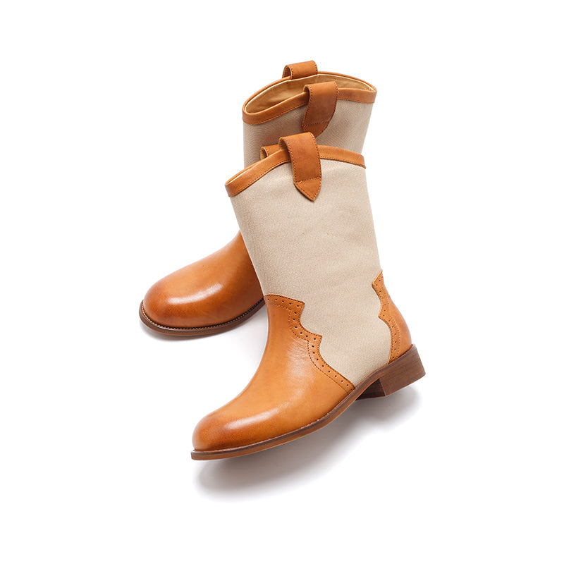 Dwarves Handmade Brogue Leather Two-Tone Mid-Calf Western Cowboy Boots in 4 Colors