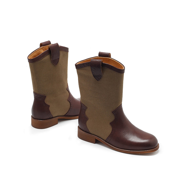 Dwarves Handmade Brogue Leather Two-Tone Mid-Calf Western Cowboy Boots in 4 Colors