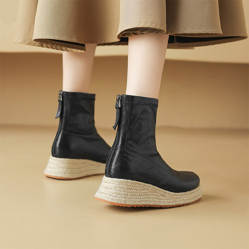 Bottes montantes pour femmes en cuir véritable à bout pointu et talon épais au design minimaliste