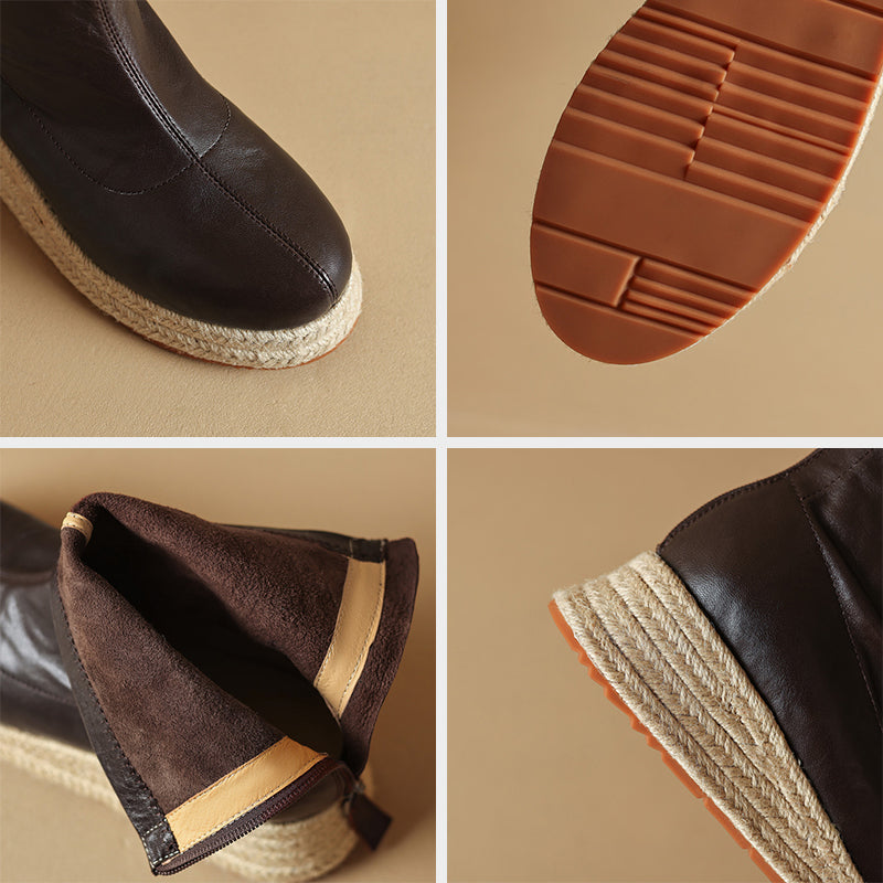Bottes montantes pour femmes en cuir véritable à bout pointu et talon épais au design minimaliste