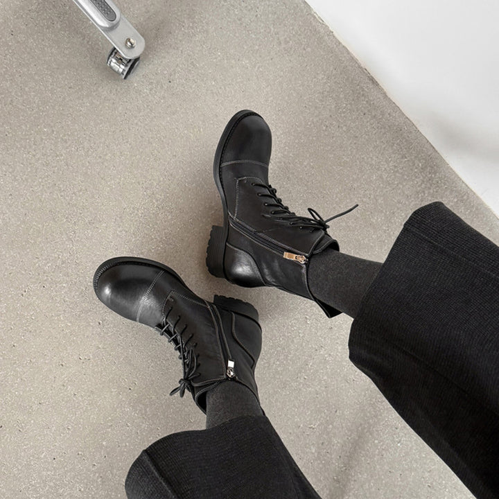 レザー プラットフォーム ウェッジ ブーツ 70mm ヒール バックルとサイズ ジッパー付き ブラック