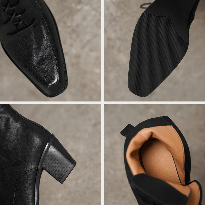 Vintage Cowhide Square Toe Lace-Up Ankle Boots with Side Zip in Black/Brown