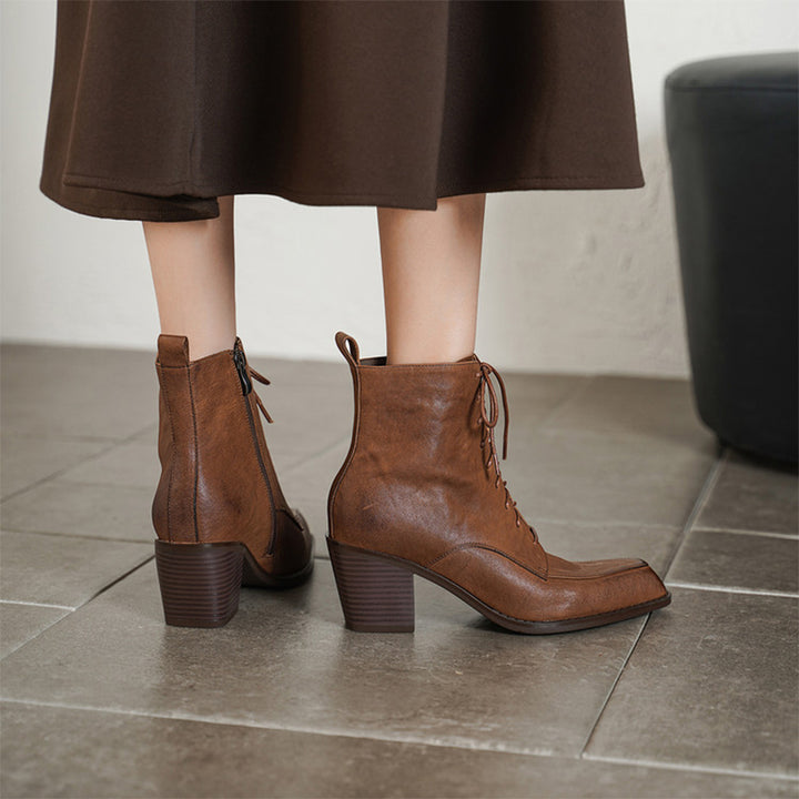 Vintage Cowhide Square Toe Lace-Up Ankle Boots with Side Zip in Black/Brown