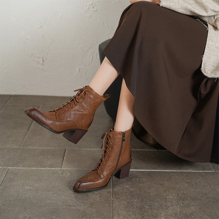 Vintage Cowhide Square Toe Lace-Up Ankle Boots with Side Zip in Black/Brown