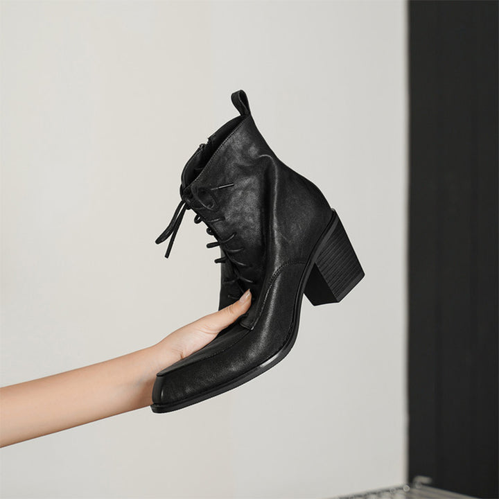 Vintage Cowhide Square Toe Lace-Up Ankle Boots with Side Zip in Black/Brown