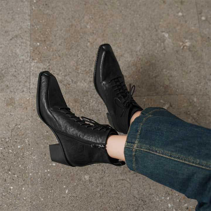 Vintage Cowhide Square Toe Lace-Up Ankle Boots with Side Zip in Black/Brown