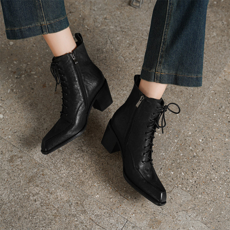 Vintage Cowhide Square Toe Lace-Up Ankle Boots with Side Zip in Black/Brown