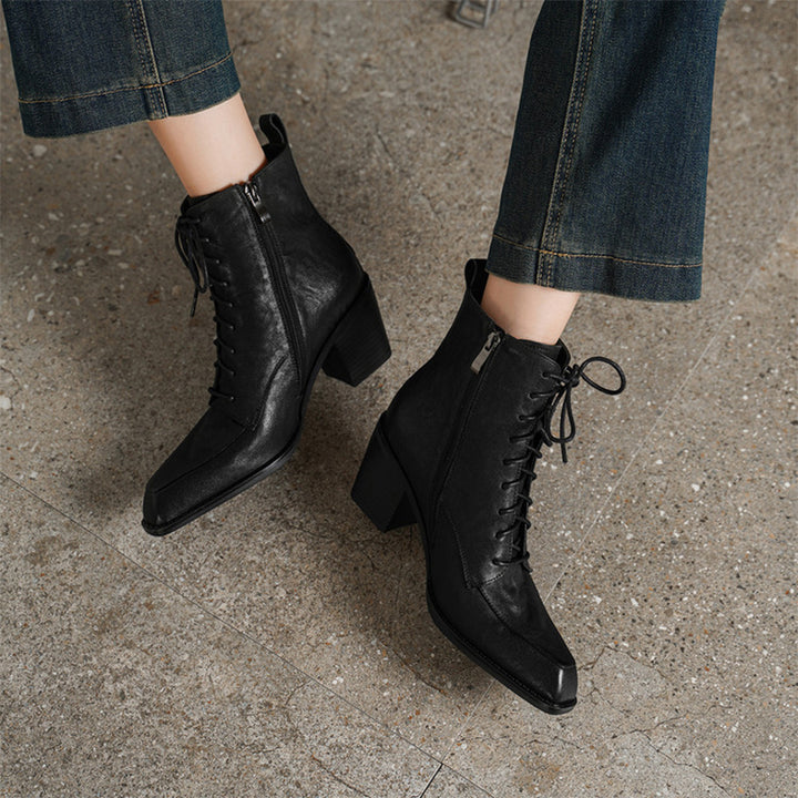 Vintage Cowhide Square Toe Lace-Up Ankle Boots with Side Zip in Black/Brown