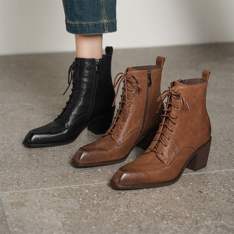 Vintage Cowhide Square Toe Lace-Up Ankle Boots with Side Zip in Black/Brown