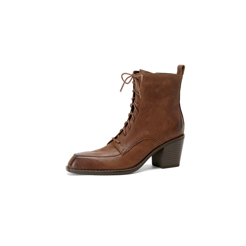 Vintage Cowhide Square Toe Lace-Up Ankle Boots with Side Zip in Black/Brown
