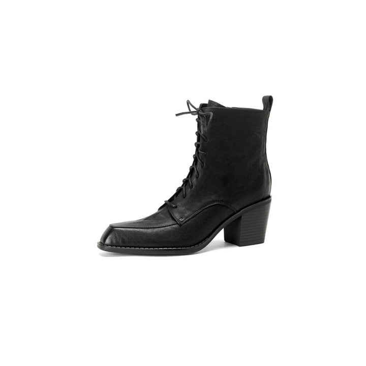 Vintage Cowhide Square Toe Lace-Up Ankle Boots with Side Zip in Black/Brown