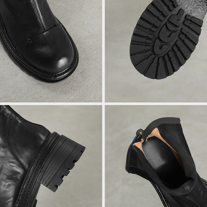 Bottes chunky en cuir avec zip arrière, bottes à la cheville en café/noir