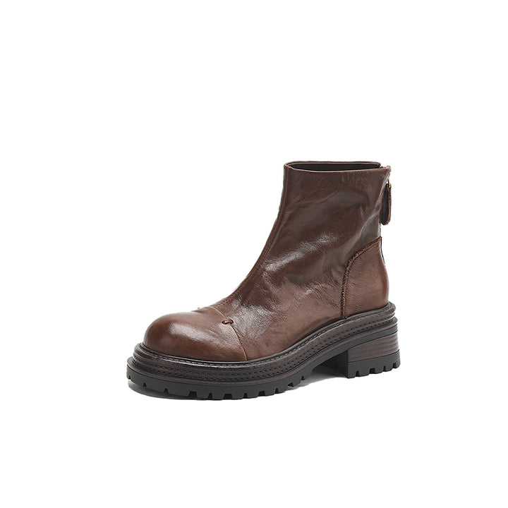 Bottes chunky en cuir avec zip arrière, bottes à la cheville en café/noir