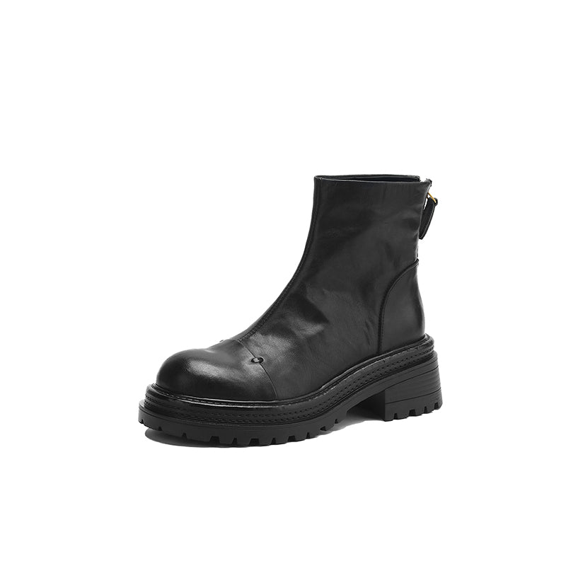Bottes chunky en cuir avec zip arrière, bottes à la cheville en café/noir