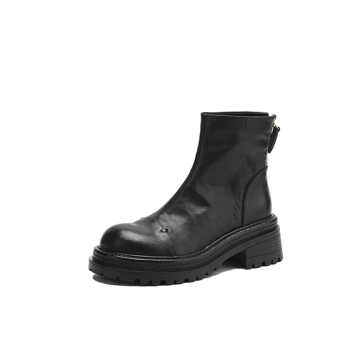 Bottes chunky en cuir avec zip arrière, bottes à la cheville en café/noir