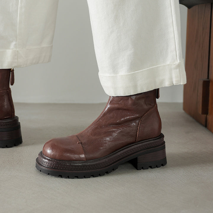 Bottes chunky en cuir avec zip arrière, bottes à la cheville en café/noir