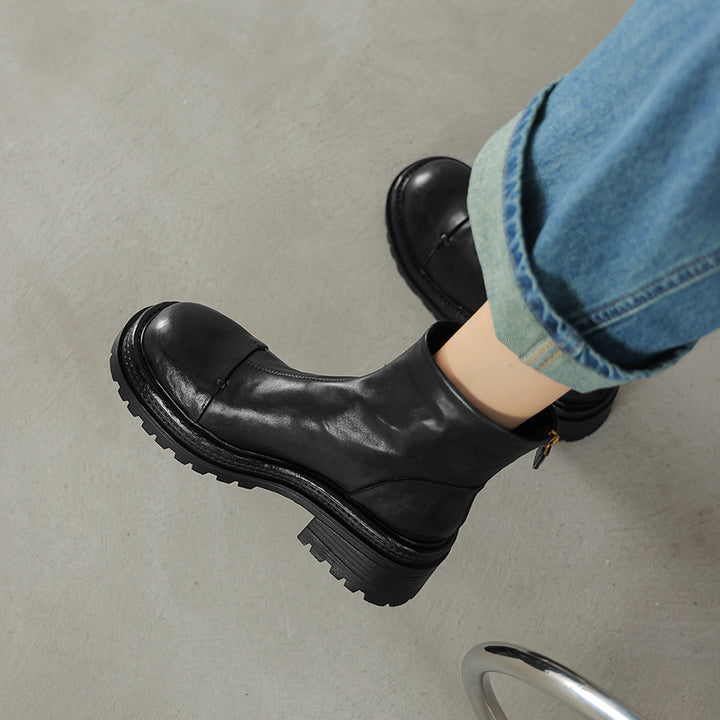 Bottes chunky en cuir avec zip arrière, bottes à la cheville en café/noir