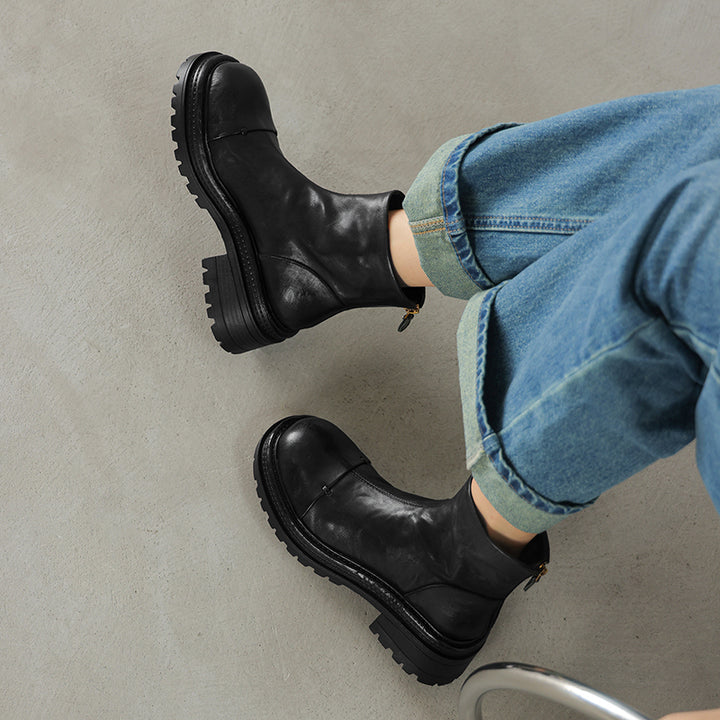 Bottes chunky en cuir avec zip arrière, bottes à la cheville en café/noir
