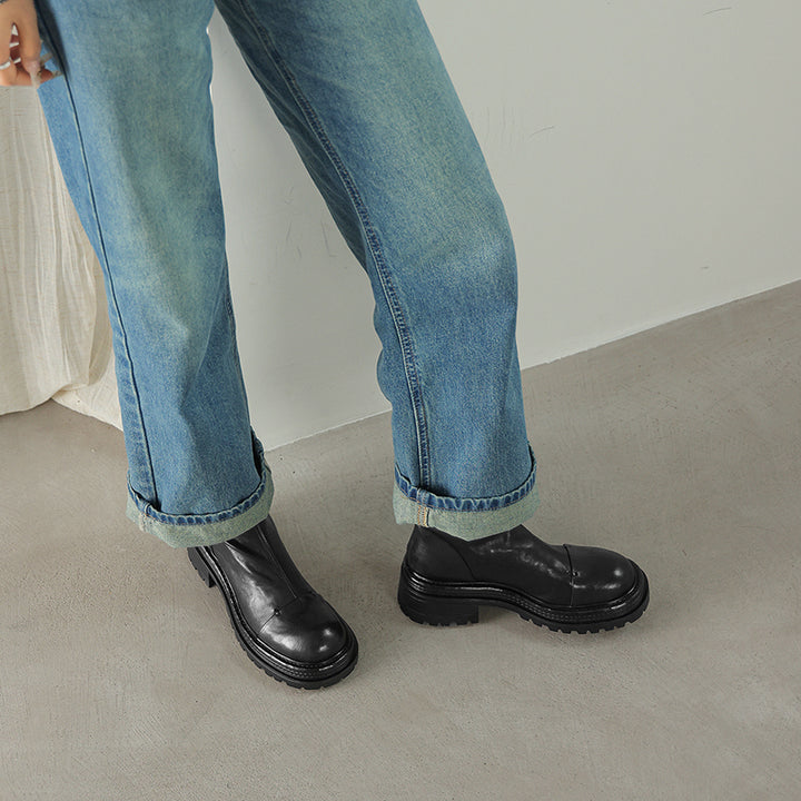 Bottes chunky en cuir avec zip arrière, bottes à la cheville en café/noir