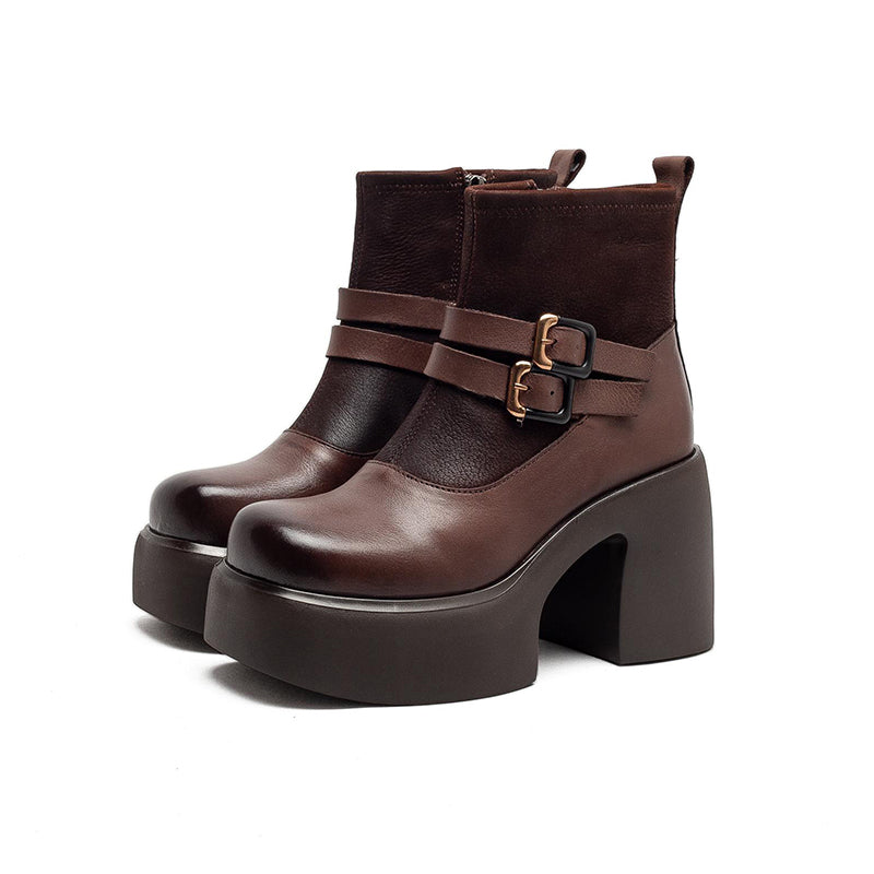 90mm Chunky Heel Retro Patchwork Leather Platform Ankle Boots in Black/Coffee