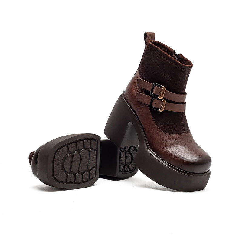 90mm Chunky Heel Retro Patchwork Leather Platform Ankle Boots in Black/Coffee